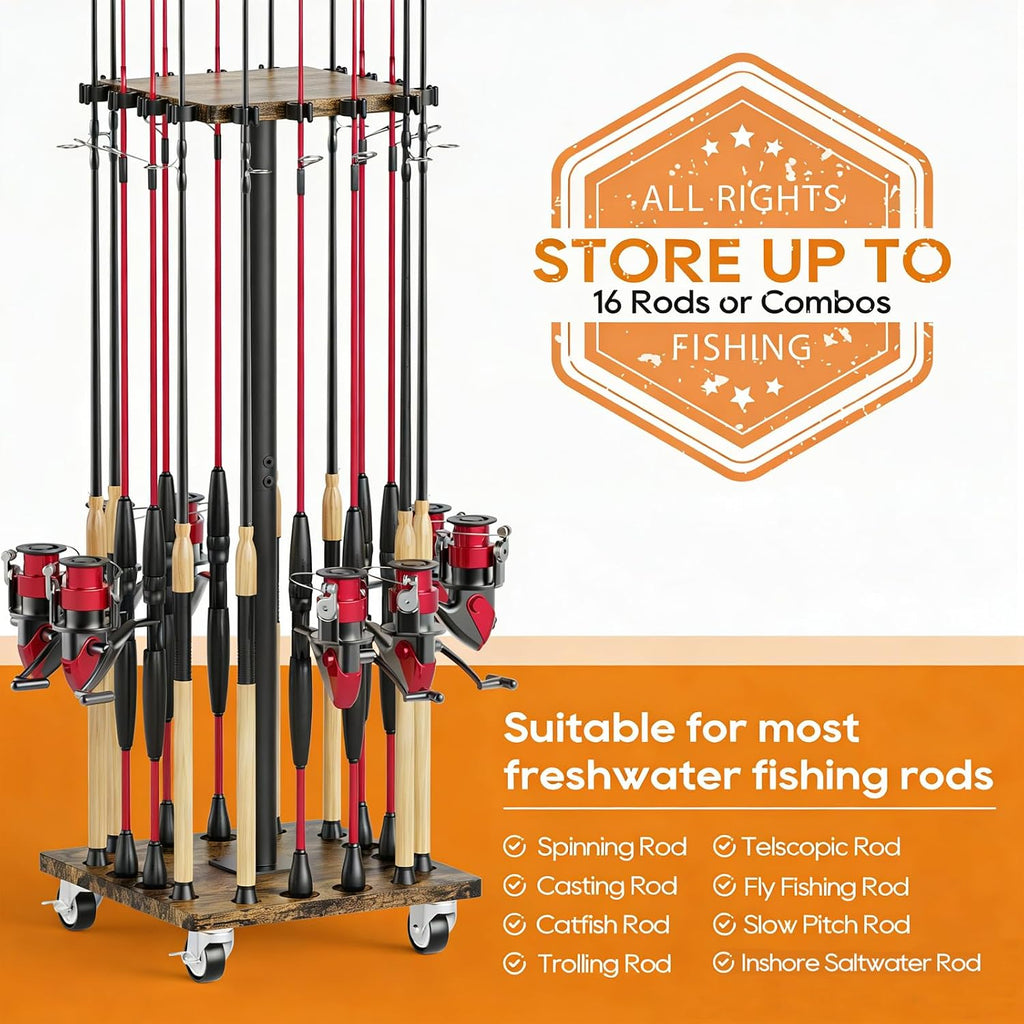Fishing Rod Holders for Garage 360° Rotating Fishing Pole Rack, Floor Stand Holds up to 16 Poles Fishing Gear Equipment Storage Organizer, Fishing Gifts for Men Women, Brown