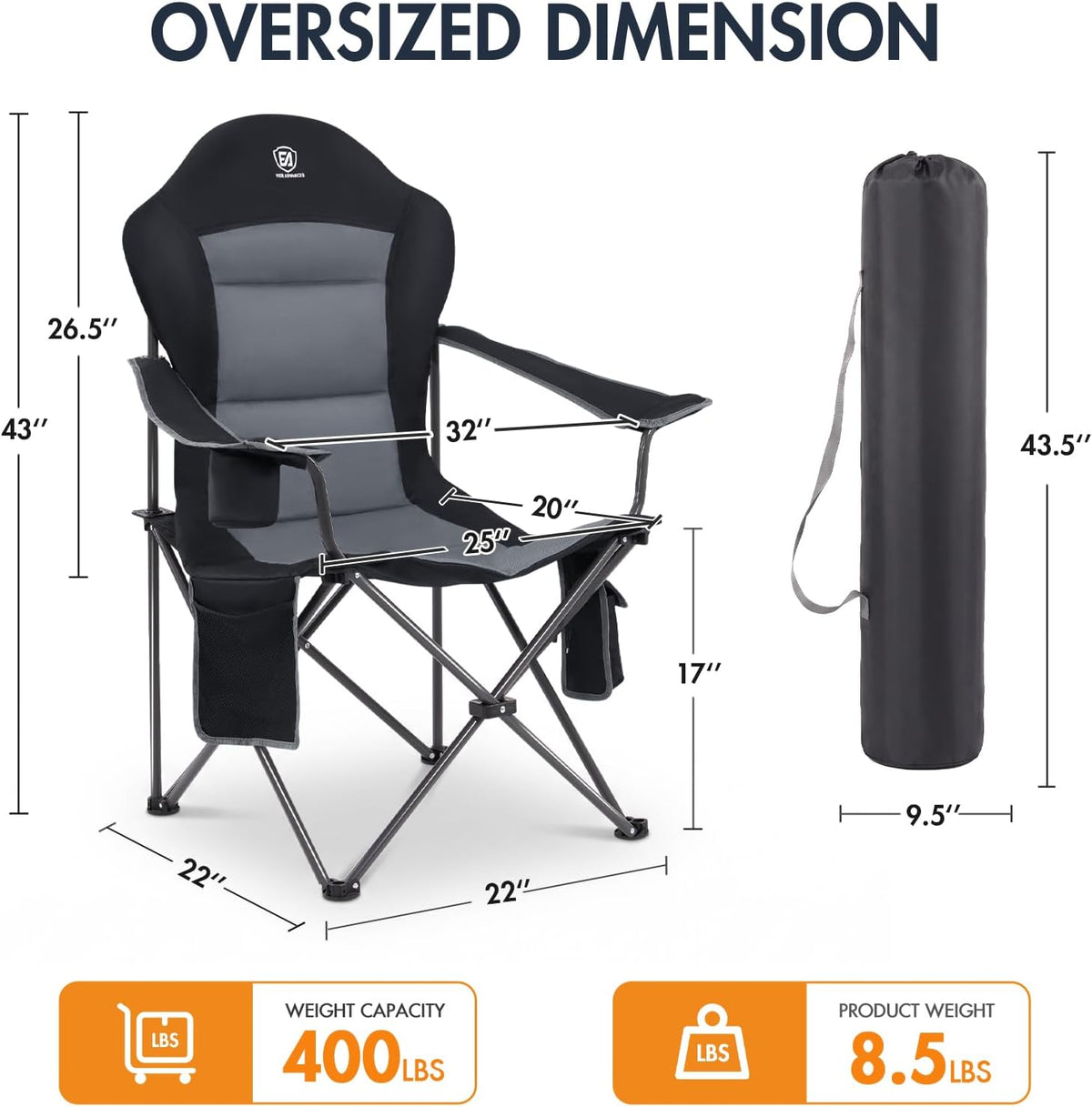 EVER ADVANCED Oversized Heated Camping Chair, Lawn Chairs Heated Chairs Outdoor Sports with 3 Heat Levels, Heated Folding Chair Camping Chairs for Adults Supports 400lbs, Battery Not Included