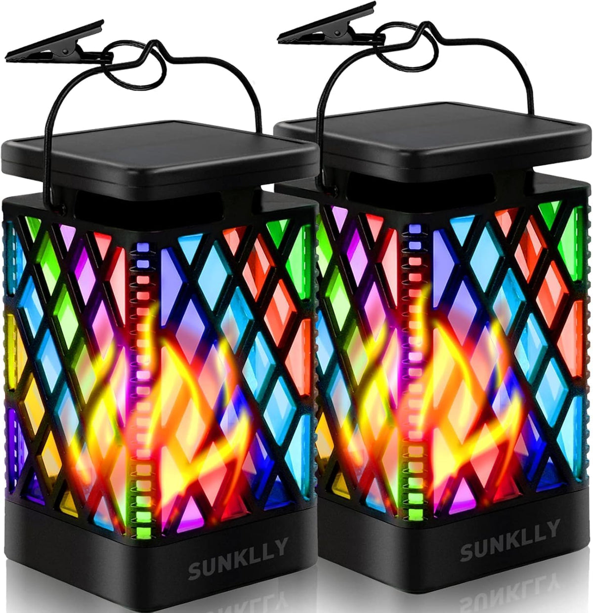 Solar Lanterns-Sunklly Hanging Solar Lights Color Changing & Fixed 9 Modes Waterproof Hanging Lanterns Outdoor Lights Flickering Flame Camping Lanterns Decoration for Garden Patio Pathway(2 Pack)