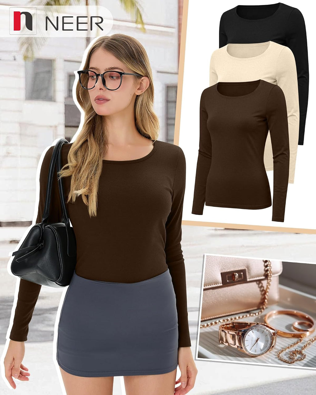 Neer 3 Pack Womens Thermal Shirts Crew Neck Fleece Lined Tops