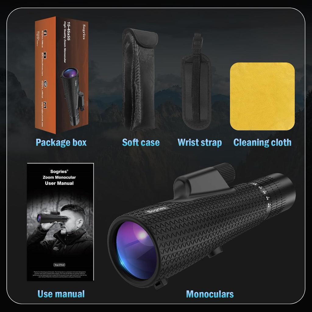 15-45x55 High Power Zoom Monocular Telescope for Adults Bird Watching