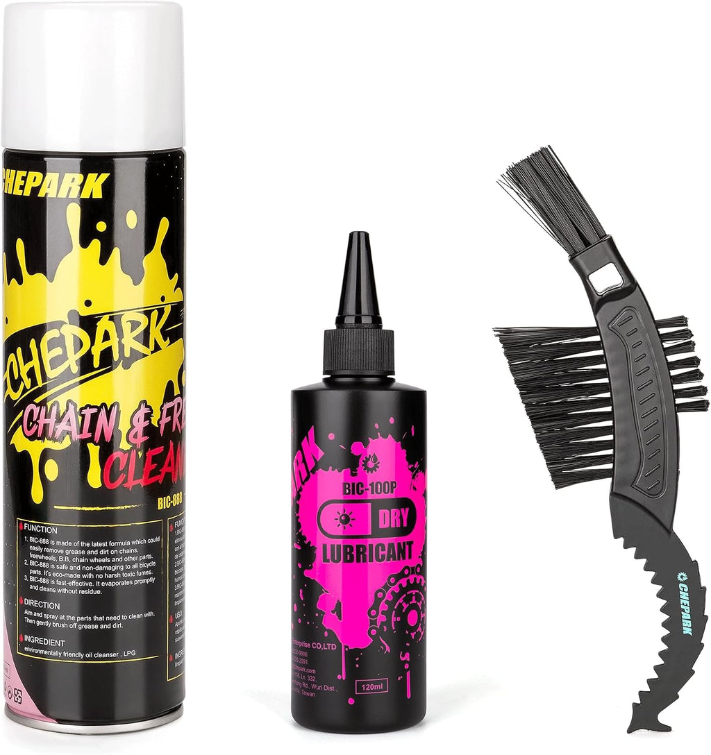 CHEPARK Bike Drivetrain cleaning & lubricating Essentials Kit with Bicycle Degreaser,Bicycle Lubricant Brush Tool- Bicycle Maintenance for Mountain Road Bikes (100P)