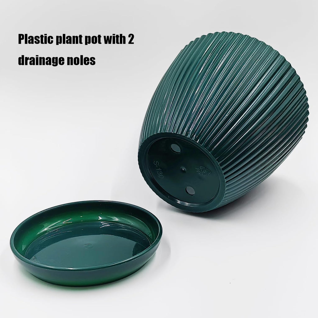 RooTrimmer Multi Size Plastic Pots 6 Pack, Drain Holes, Saucers, Dark Green