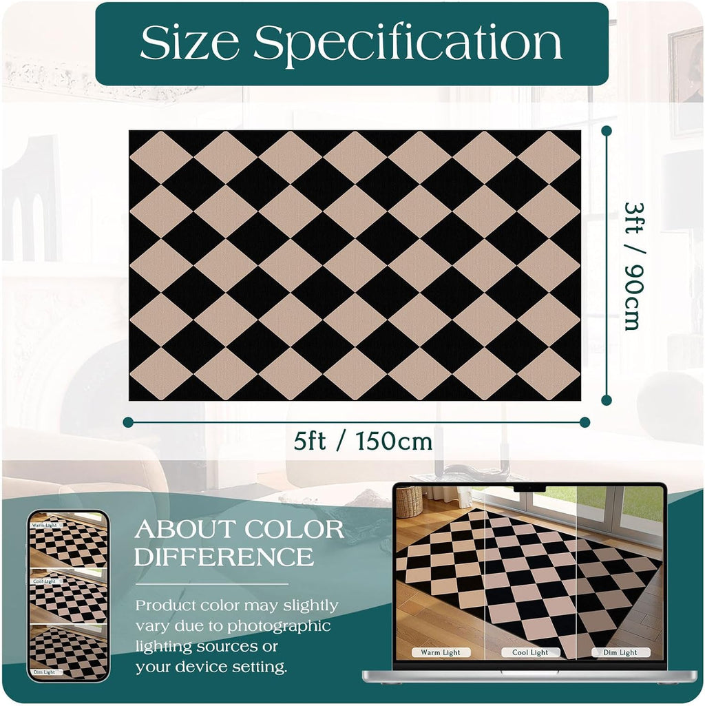 Black Tan Checkered Entry Rug - 3x5 Non-Slip Indoor Outdoor Rugs