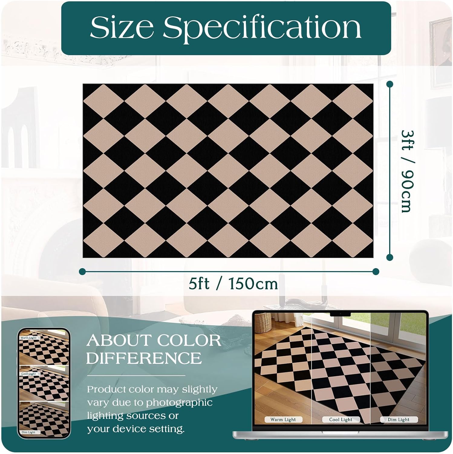Black Tan Checkered Entry Rug - 3x5 Non-Slip Indoor Outdoor Rugs