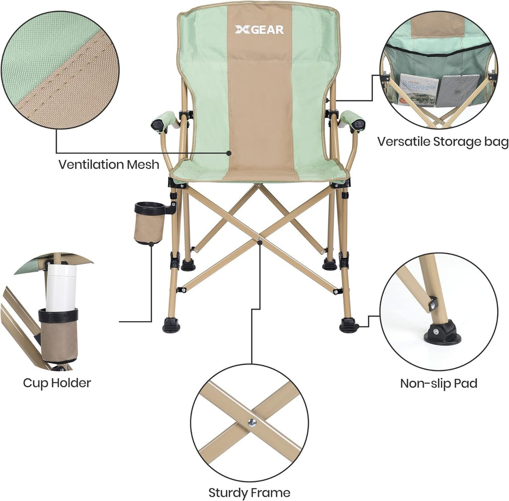 XGEAR 330LB Heavy Duty High Back Hard Arm Camping Chair with Cup Holder