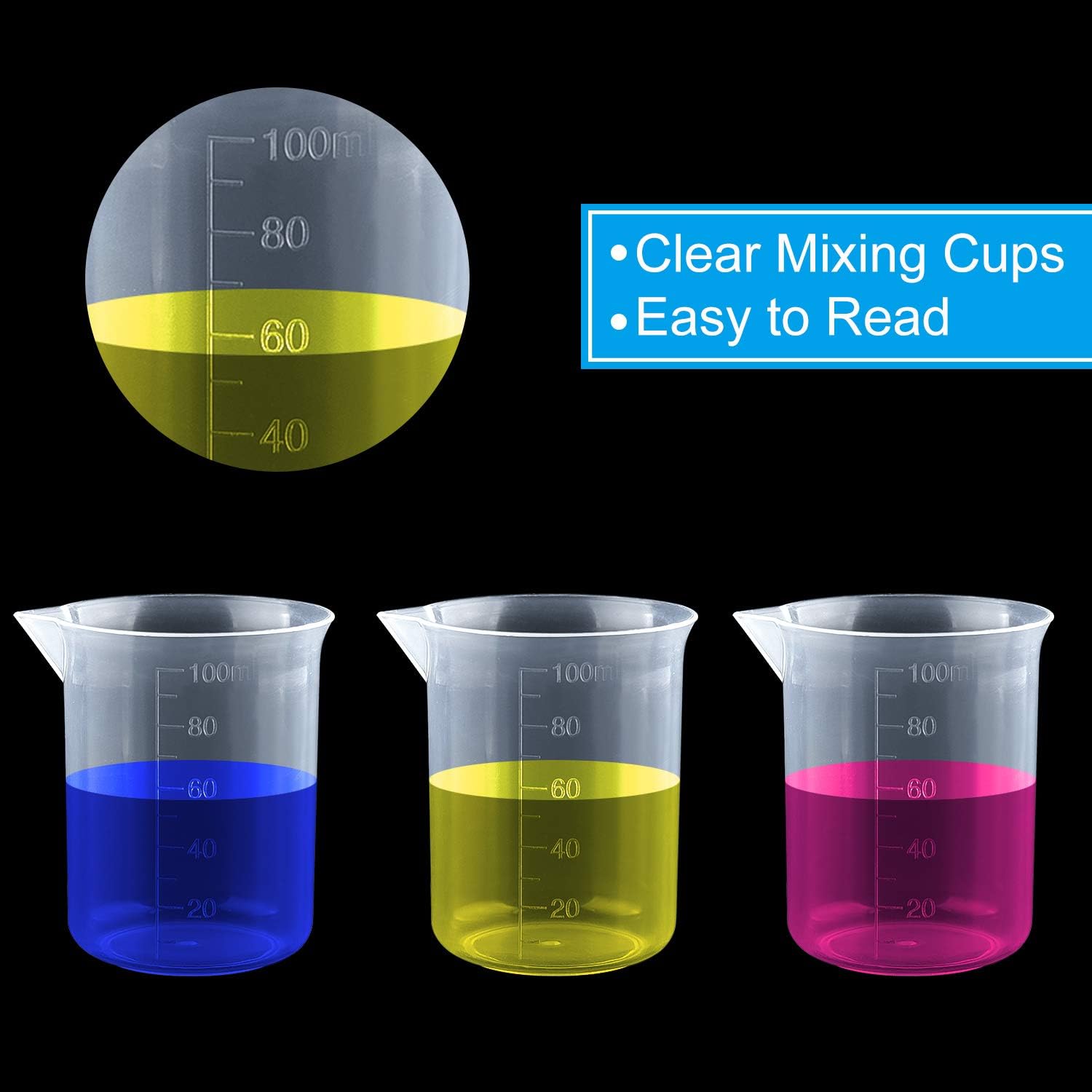 Coopay 12 Pack 100ml/3.4oz Plastic Beakers Epoxy Mixing Cups, Plastic Graduated Cups Clear Multipurpose Measuring Cups with 50 Pack Wooden Stirring Sticks for Resin, Epoxy, Stain, Mixing Paint
