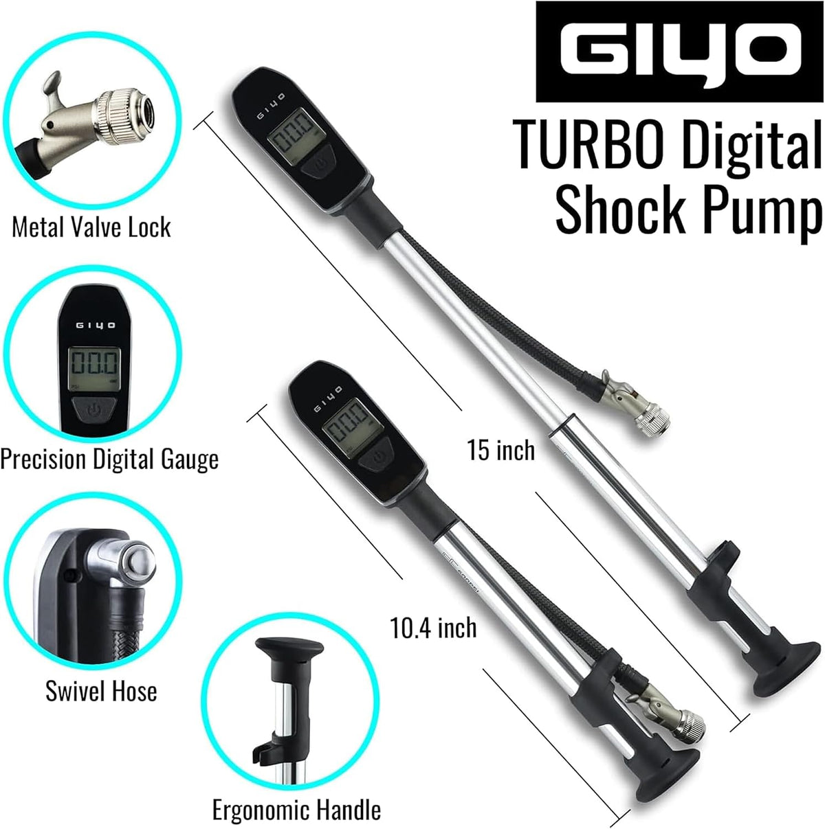 GIYO Digital Shock Pump 600 PSI – Turbo-Assist for Easy Inflation, Micro Air-Bleeder, Robust Aluminum Barrel, Comfort Grip & Braided Hose, Ideal for Fork & Rear Suspension GS-52L