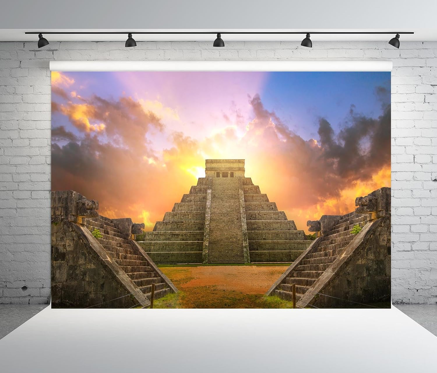 5x3ft Fabric Maya Chichen Itza Pyramid Backdrop for Photography Sunset Ancient Mayan Architecture Ruins Mexico Culture Historical Building Scenic Background Travel Party Photo Booth Props