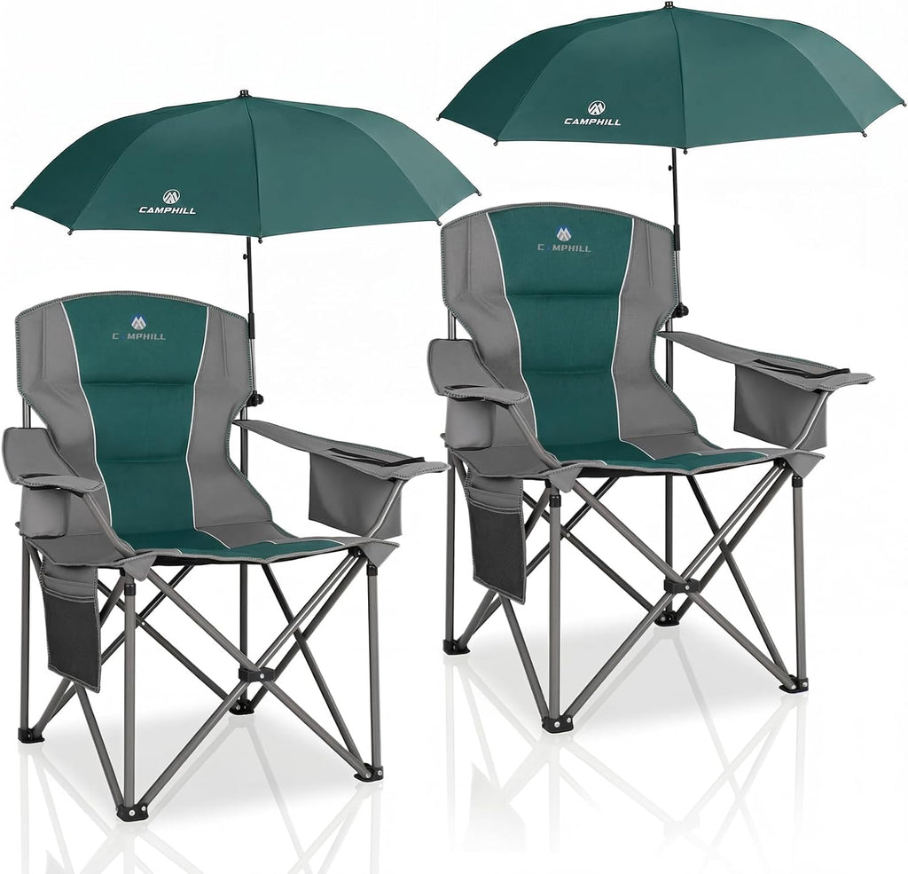 2 Pack Oversized Camping Chairs with Adjustable Umbrella-Folding Padded Lawn Chair with Backrest & Comfy Armrest-Heavy Duty for Beach Patio Picnic,Black