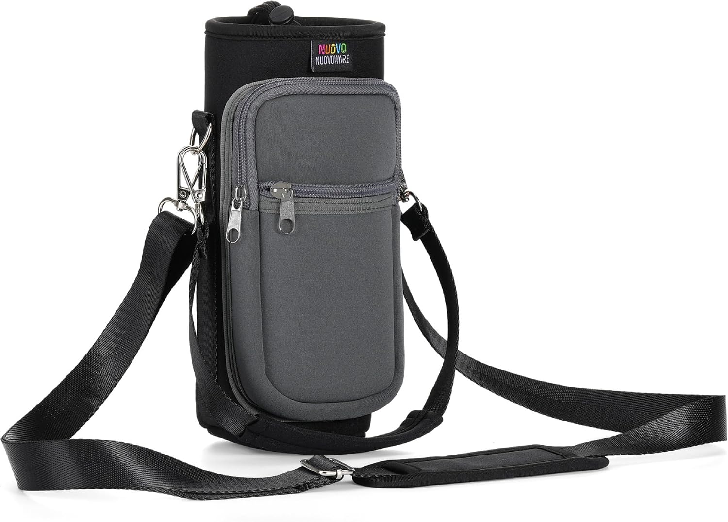 Nuovoware Water Bottle Carrier Bag, 25oz/32oz Bottle Holder with Adjustable Shoulder Strap, 2 Pocket Sling Bag - Neoprene Sleeve for Hiking, Travelling - Black/Gray