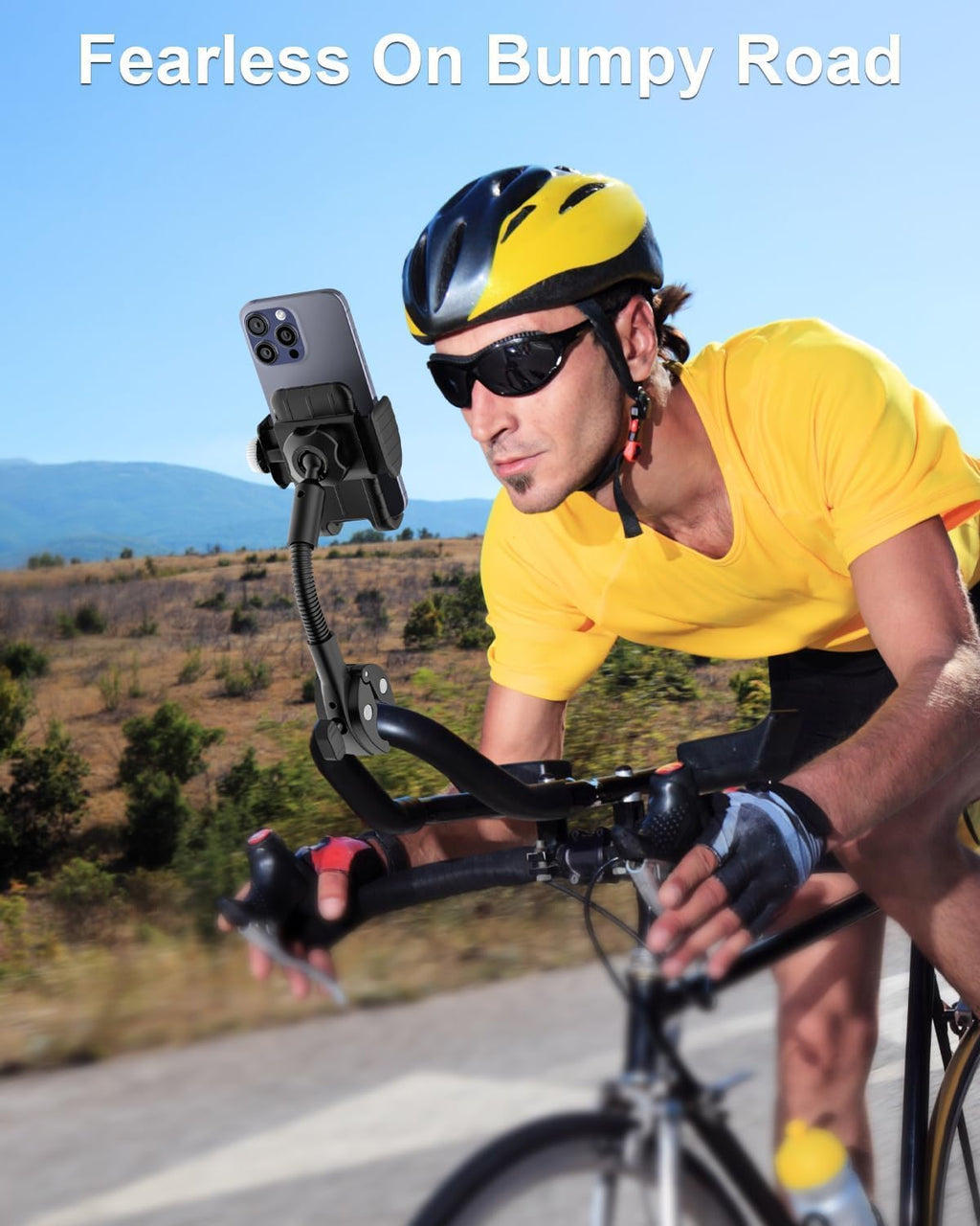 Phone Holder for Bike Handlebar, Gooseneck Motorcycle Phone Mount Clamp, Bicycle Scooter Cell Phone Clip for Adults Kids, Bike Bicycle Ebike Gear Accessories, for iPhone 17 16, 4-7" Phones
