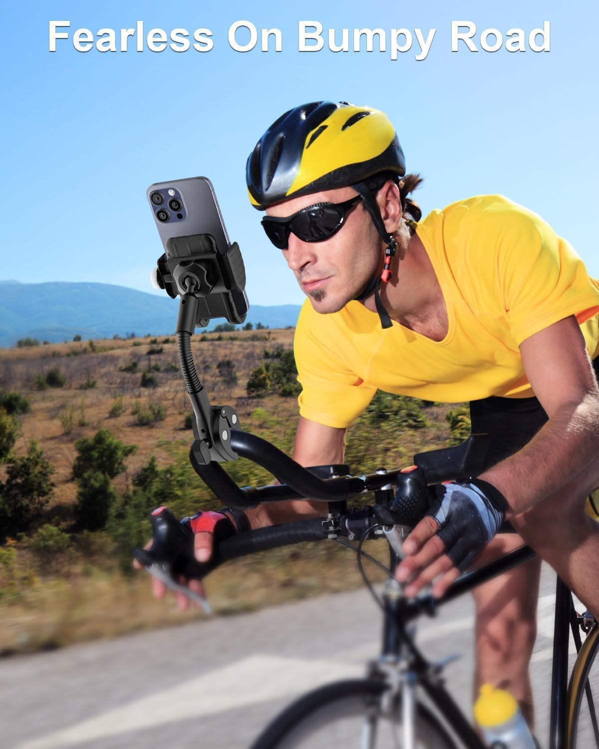 Phone Holder for Bike Handlebar, Gooseneck Motorcycle Phone Mount Clamp, Bicycle Scooter Cell Phone Clip for Adults Kids, Bike Bicycle Ebike Gear Accessories, for iPhone 17 16, 4-7" Phones