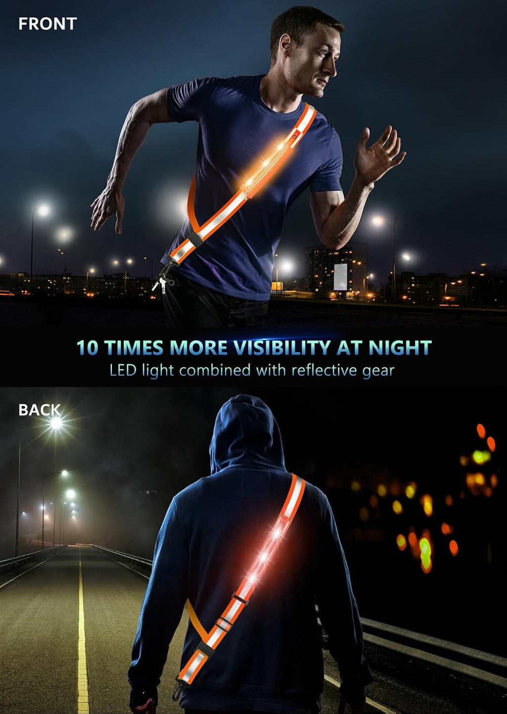 Fokia Kunbio LED Reflective Belt Sash for Walking at Night,Running Safety Gear LED Light Up Running Belt for Runners Walkers