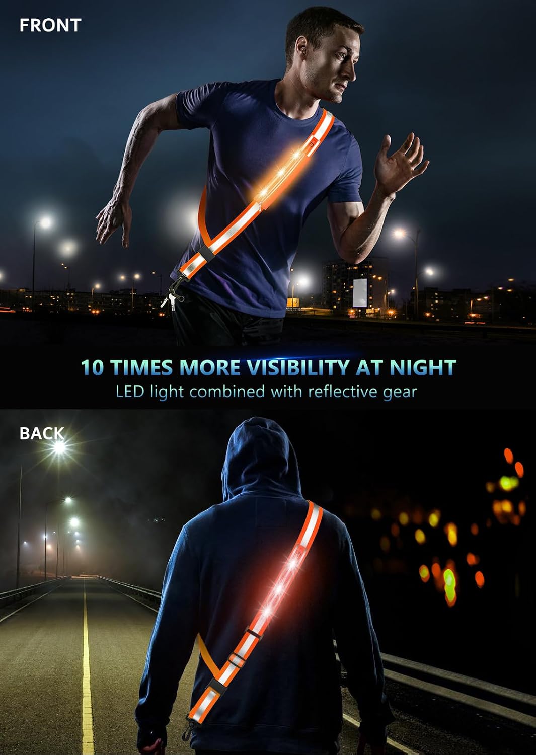 Fokia Kunbio LED Reflective Belt Sash for Walking at Night,Running Safety Gear LED Light Up Running Belt for Runners Walkers