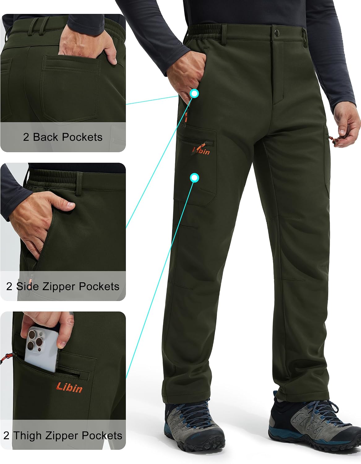 Libin Men's Fleece Lined Hiking Pants Snow Ski Water Resistant