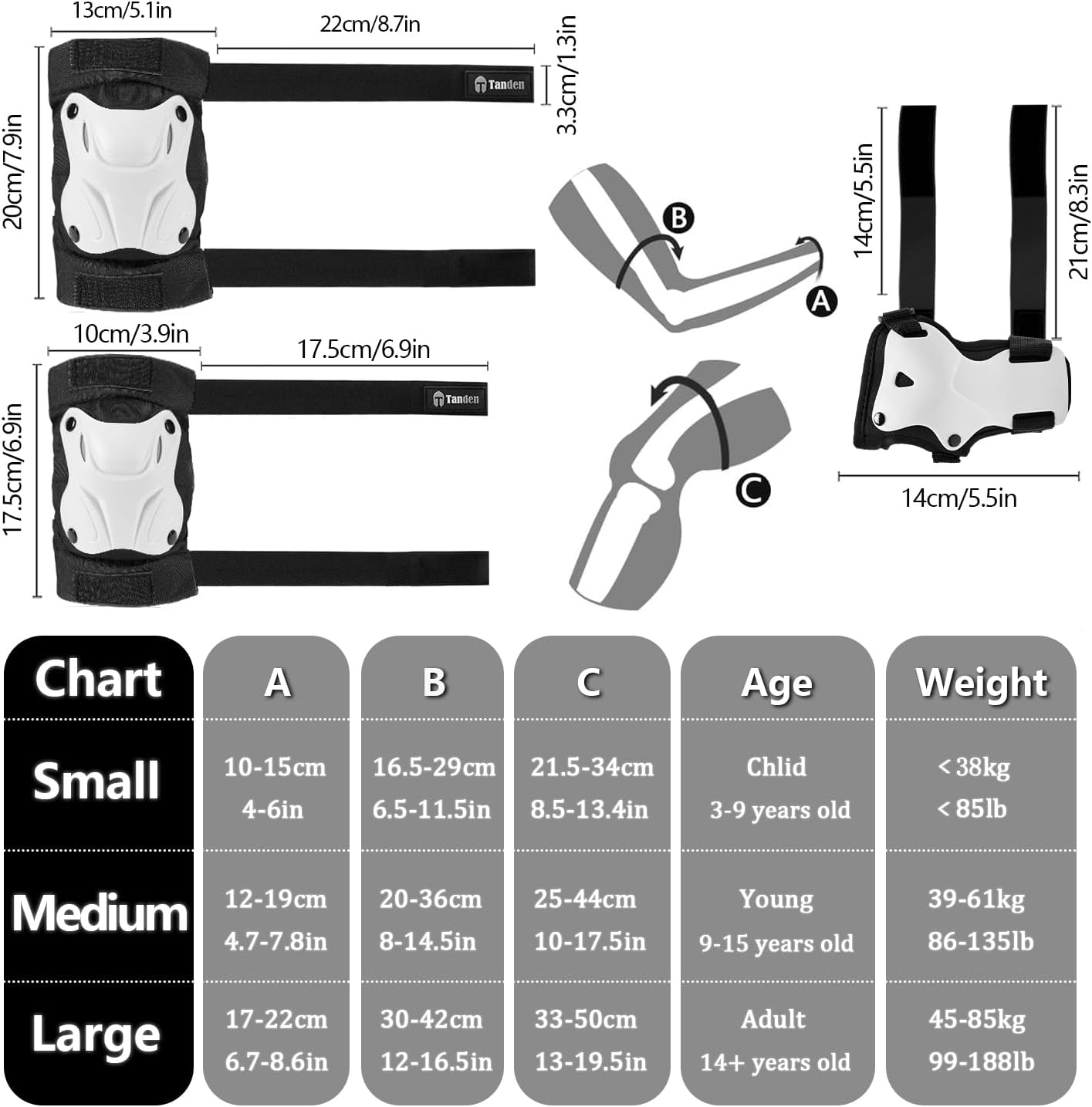 Tanden Skating Protective Gear Knee and Elbow Pads Wrist Guards for Roller Skating Skateboarding, Skate Pads Adult Knee Pads