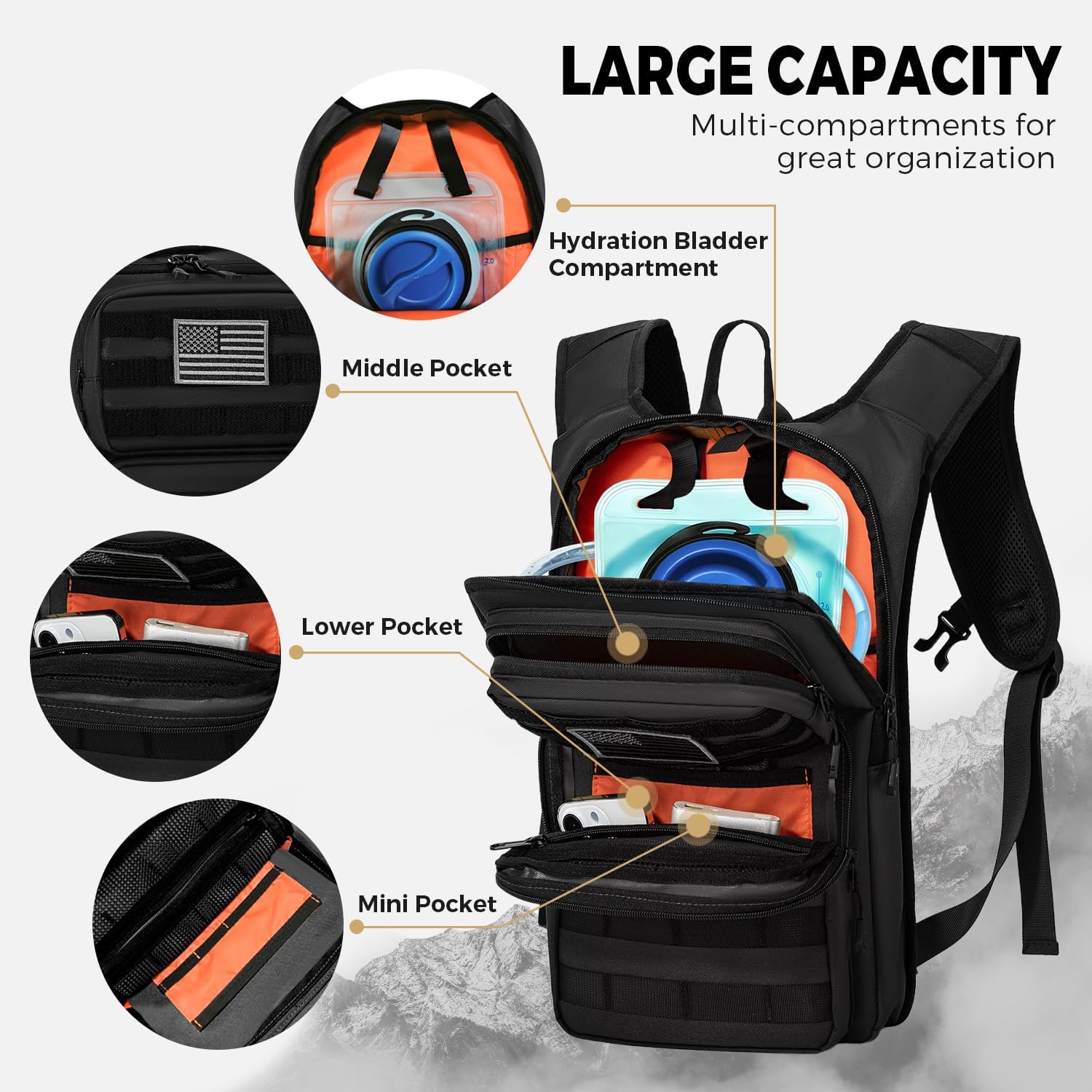 Koculemi Tactical Hydration Backpack with 2L Water Bladder and Front Small Tactical Pouch, Outdoor Water Backpack for Men Women, Sports Hydration Pack for Hiking, Cycling,Climbing