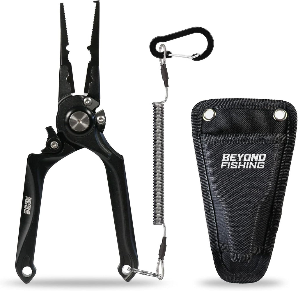 Beyond Fishing Pro Aluminum Series 8 Inch Multifunction Fishing Pliers, Saltwater Resistant Fishing Gear, Tungsten Carbide Cutters, Corrosion Resistant Teflon Coating with Sheath