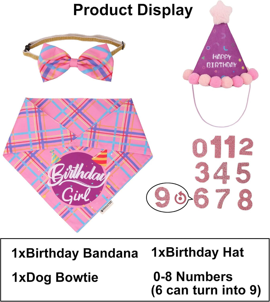 ADOGGYGO Dog Birthday Hat, Pink Birthday Girl Dog Bandana Set, X-Large