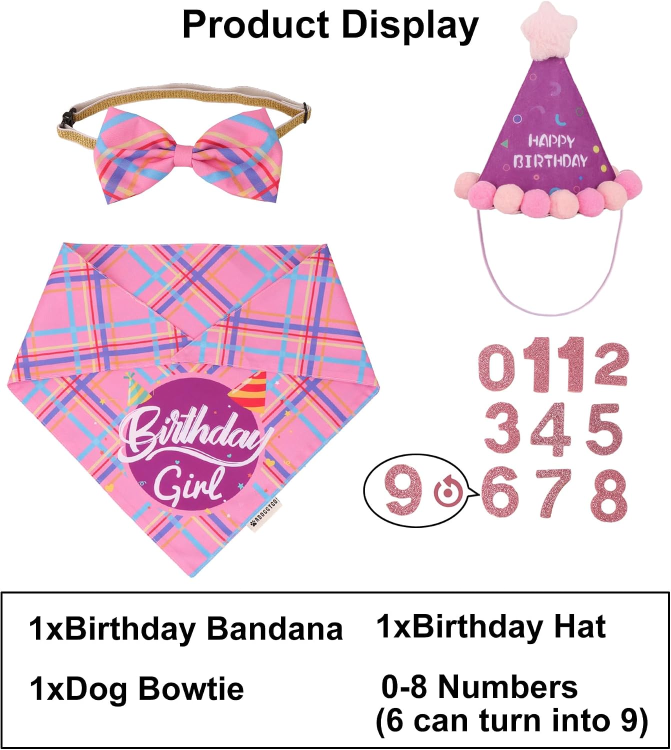 ADOGGYGO Dog Birthday Hat, Pink Birthday Girl Dog Bandana Set, X-Large