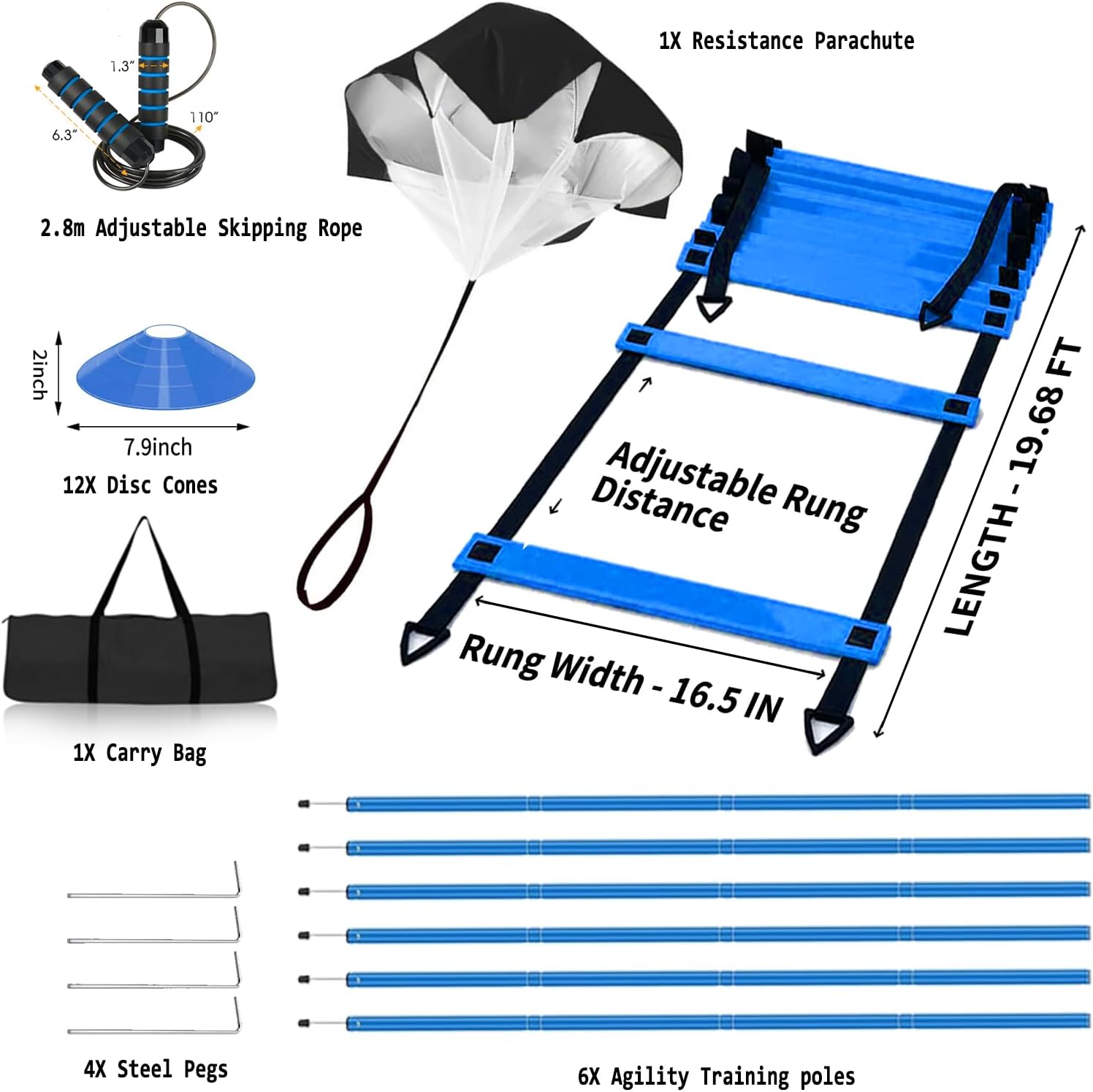 Vztipki Speed & Agility Training Equipment-20ft Agility Ladder, 6 Poles, 12 Soccer Cones, Resistance Parachute, Jump Rope, Soccer Football Basketball Sport Training Set for Kids Youth Adults