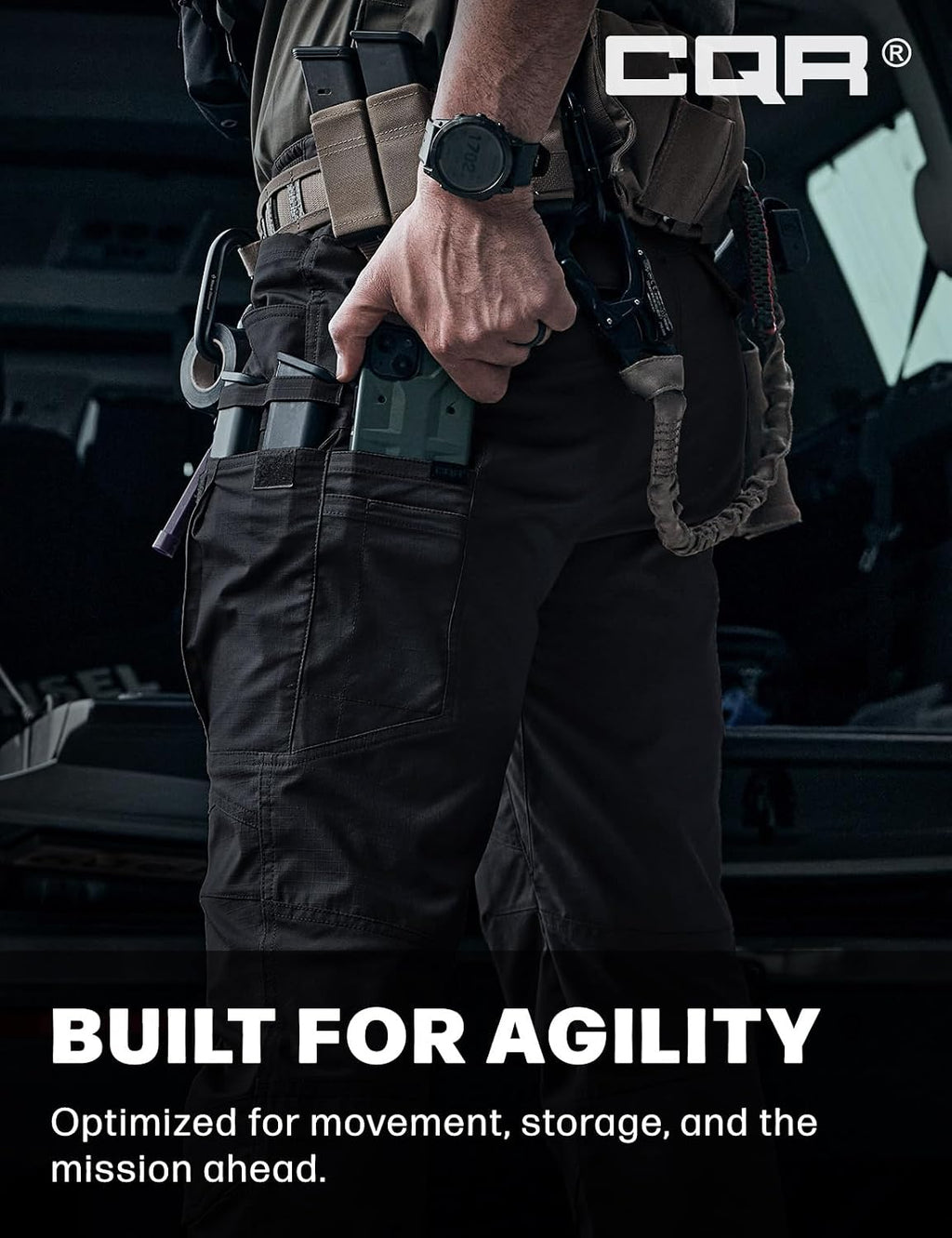 CQR Men's Flex Stretch Tactical Pants, Water Resistant Ripstop Cargo Pants, Lightweight EDC Outdoor Work Hiking Pants