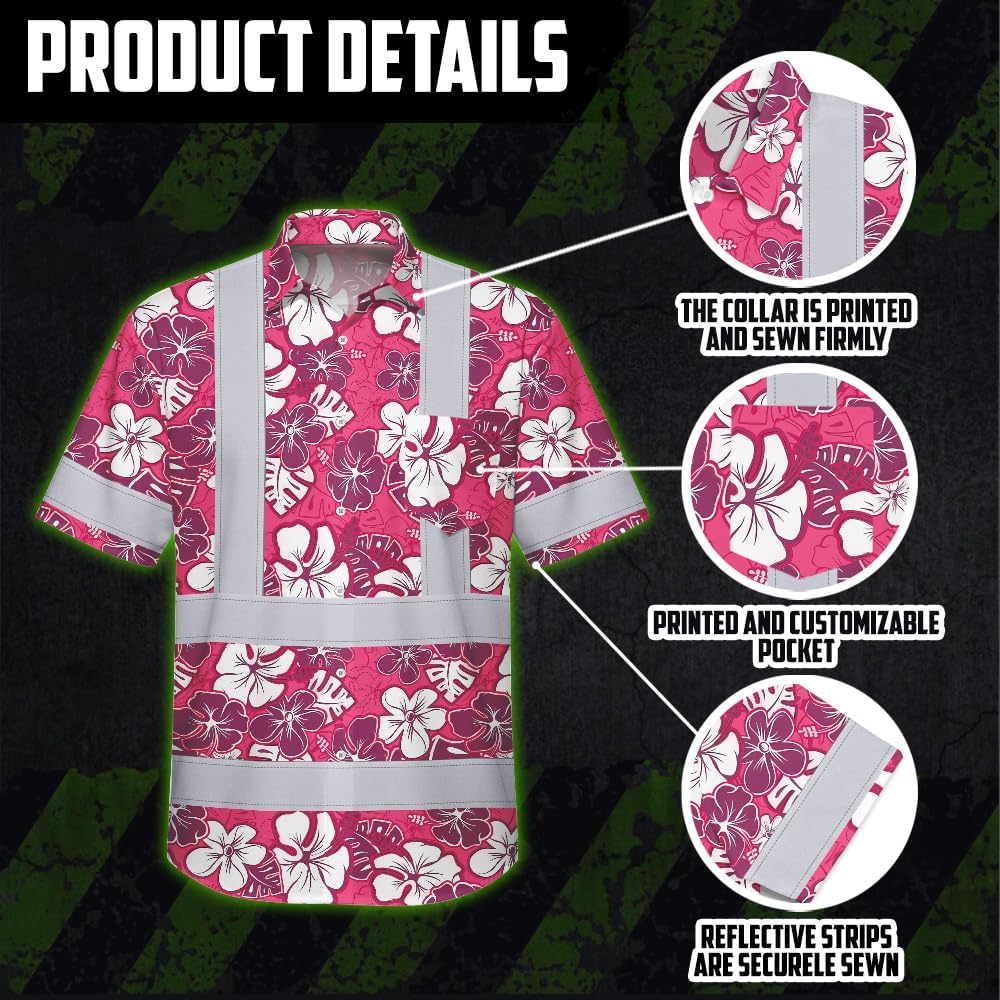 High Visibility Hawaiian Shirt for Men Tropical Shirts Custom Name Floral Outfit Reflective Safety Workwear