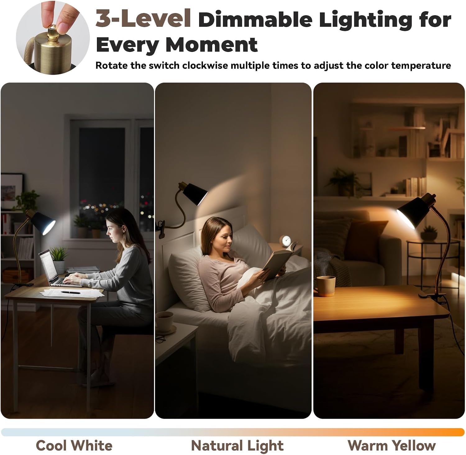 LALISU Desk lamp Eye-Caring Table Lamps 360°Rotation Gooseneck Clip on Lamp