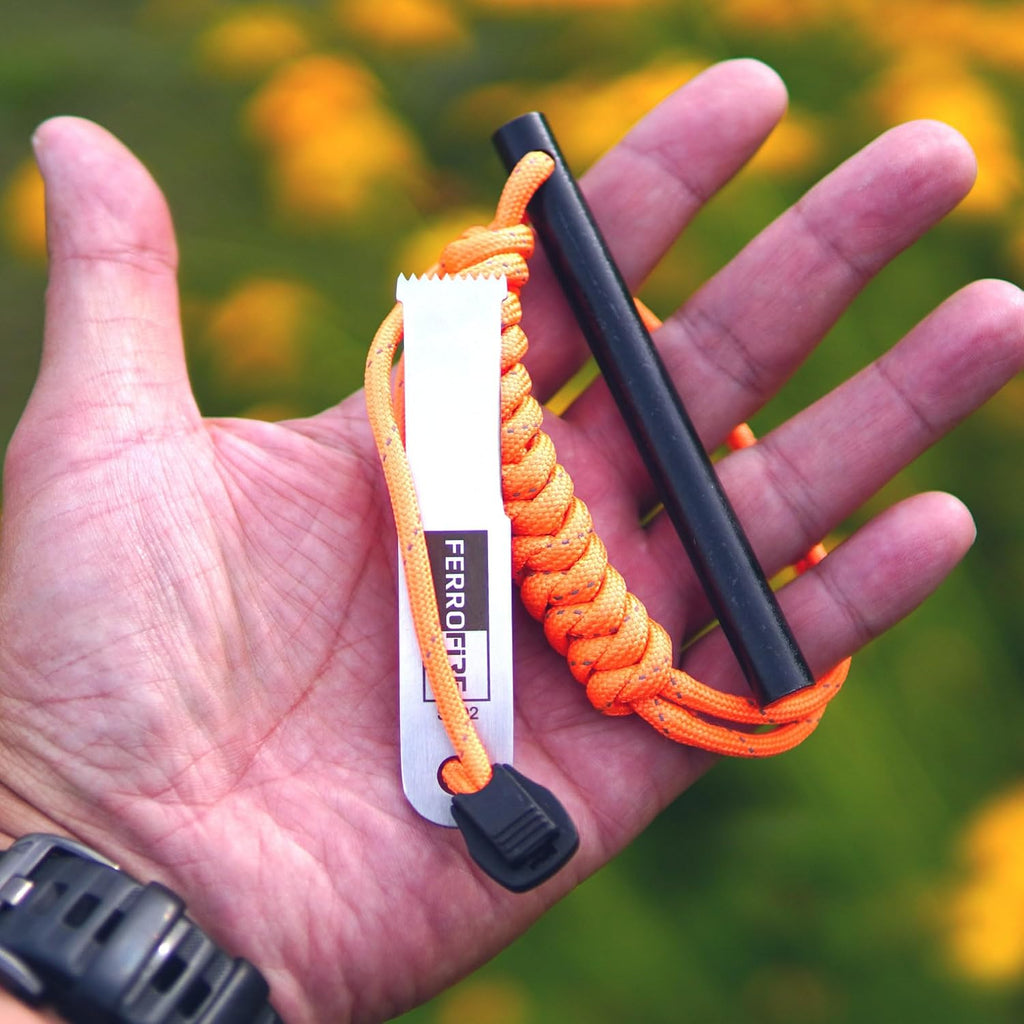 FS384 Classic Ferro Rod Fire Starter - 3/8 Inch Thick x 4 Inch Long Magnesium Ferrocerium Rod with Carbon Steel Striker & 550 Paracord Handle for Survival, Camping, Hiking, Emergency Kits
