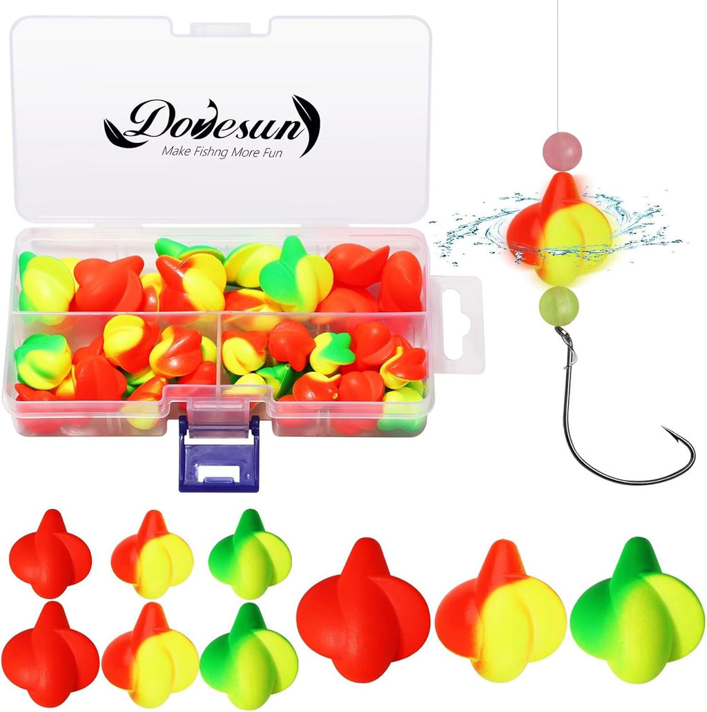 Dovesun 220/104/80/60/54/52/42pcs Pompano Rig Floats for Surf Fishing Foam Bobbers for Fishing Fly Fishing Bobbers Floats Bright Color Kit/Round/Cylindrical/Heart/Bullet/Pill/Spin Shape