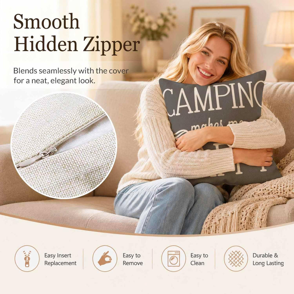 Camping Makes Me Happy Pillowcases Set of 2 18x18 Gray Background Throw Pillow Covers Pillow Cushion Case Polyester Linen for Sofa Couch Bedroom Living Room Car