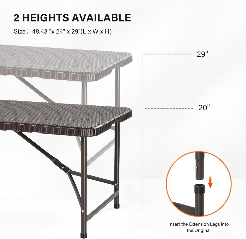 VINGLI 4 FT Plastic Folding Camping Table, Portable in/Outdoor Party Picnic Dining Desk,Garden Soccer Multipurpose Entertaining Activities, Brown