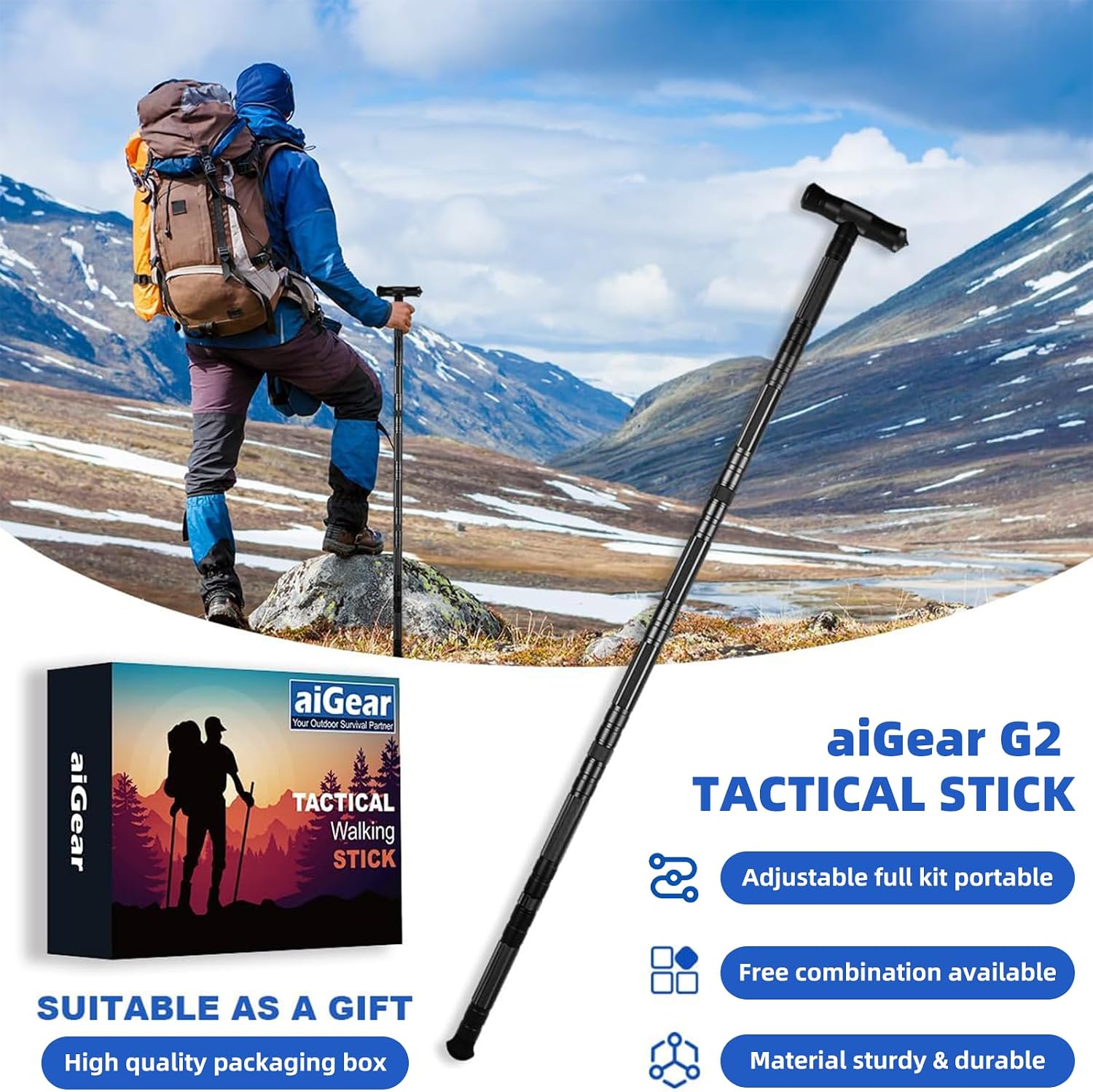 aiGear G2 Tactical Hiking Stick with Survival Kit, 5-Section Staff
