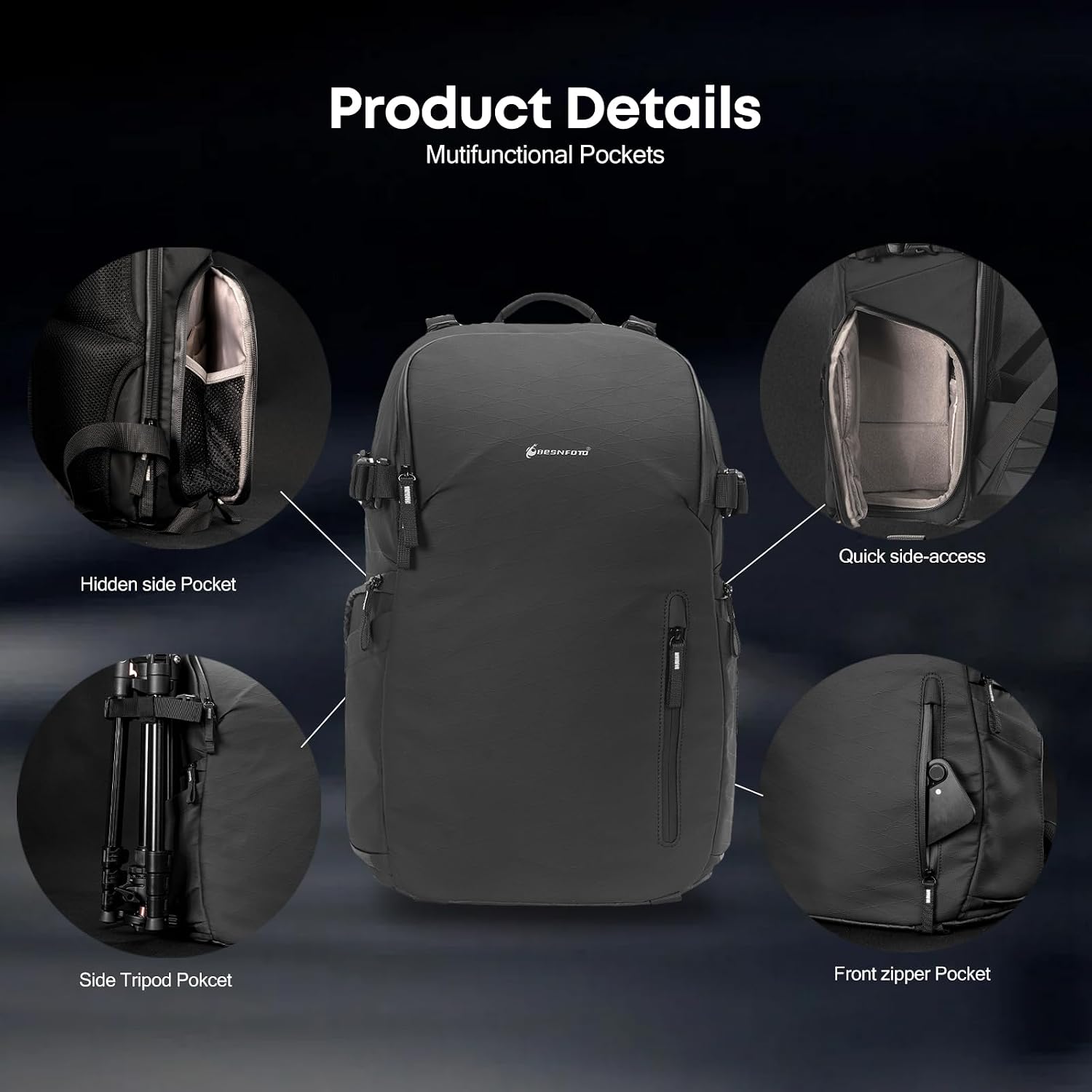 Besnfoto Camera Backpack Waterproof Bag Professional Travel Photography Bag Large for DSLR SLR Mirrorless Camera with Tripod Holder and Laptop Compartment Compatible with Canon/Nikon/Sony