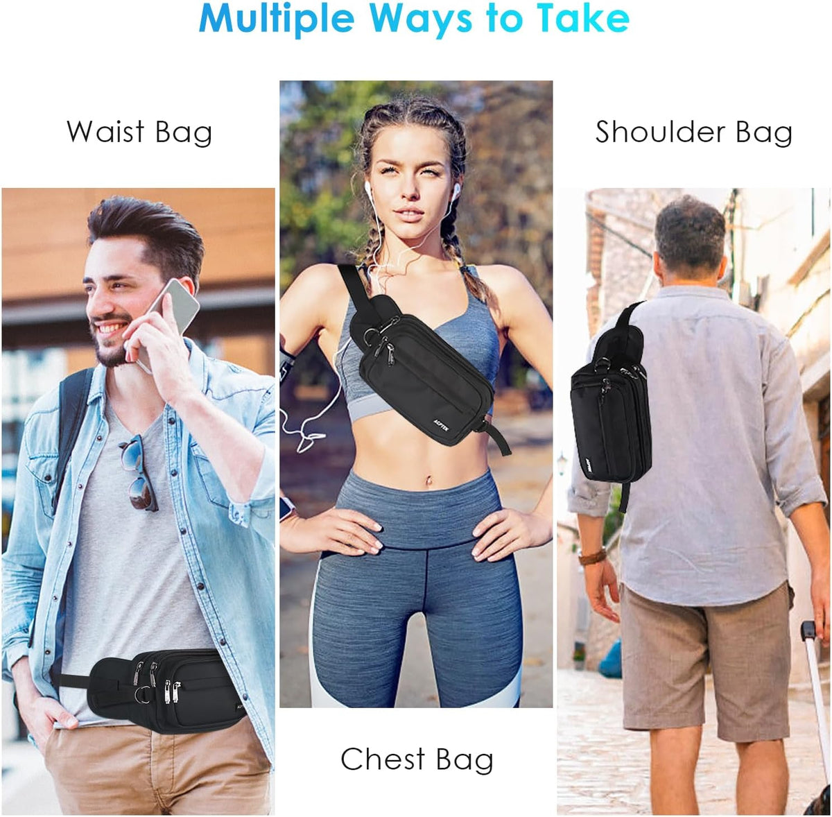 AGPTEK Fanny Pack for Women Men, RFID Large Capacity Waist Wallet Bag, Adjustable & Waterproof Bum Belt Pouch for Travel, Running, Shopping, Hiking, Dog Walking, Cycling, Climbing
