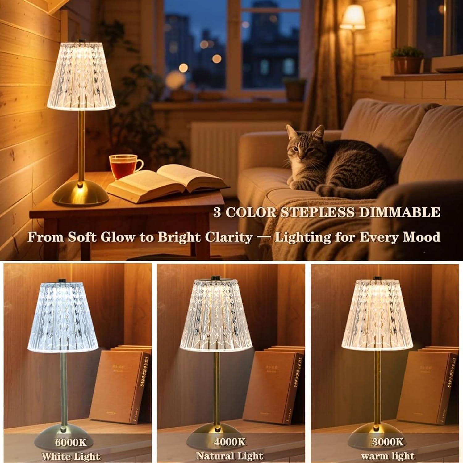 2 Pcs Cordless Rechargeable Table Lamp, Touch Dimming, 3 Color Modes