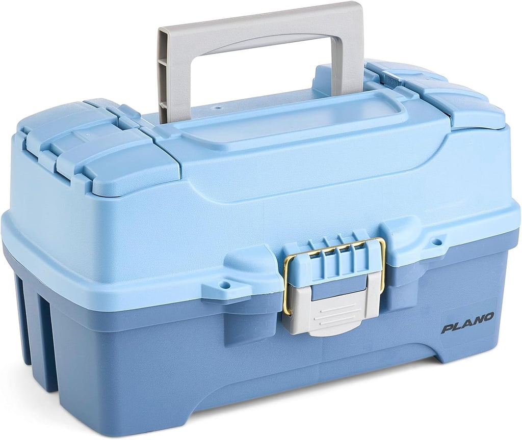 Plano Catch All Two-Tray Tackle Box Kit, Light Blue/Dark Blue, Rust-Proof Brass Latch, Top-Access Tray with Deep Storage, Made in the USA, Portable Fishing Gear Storage Organizer