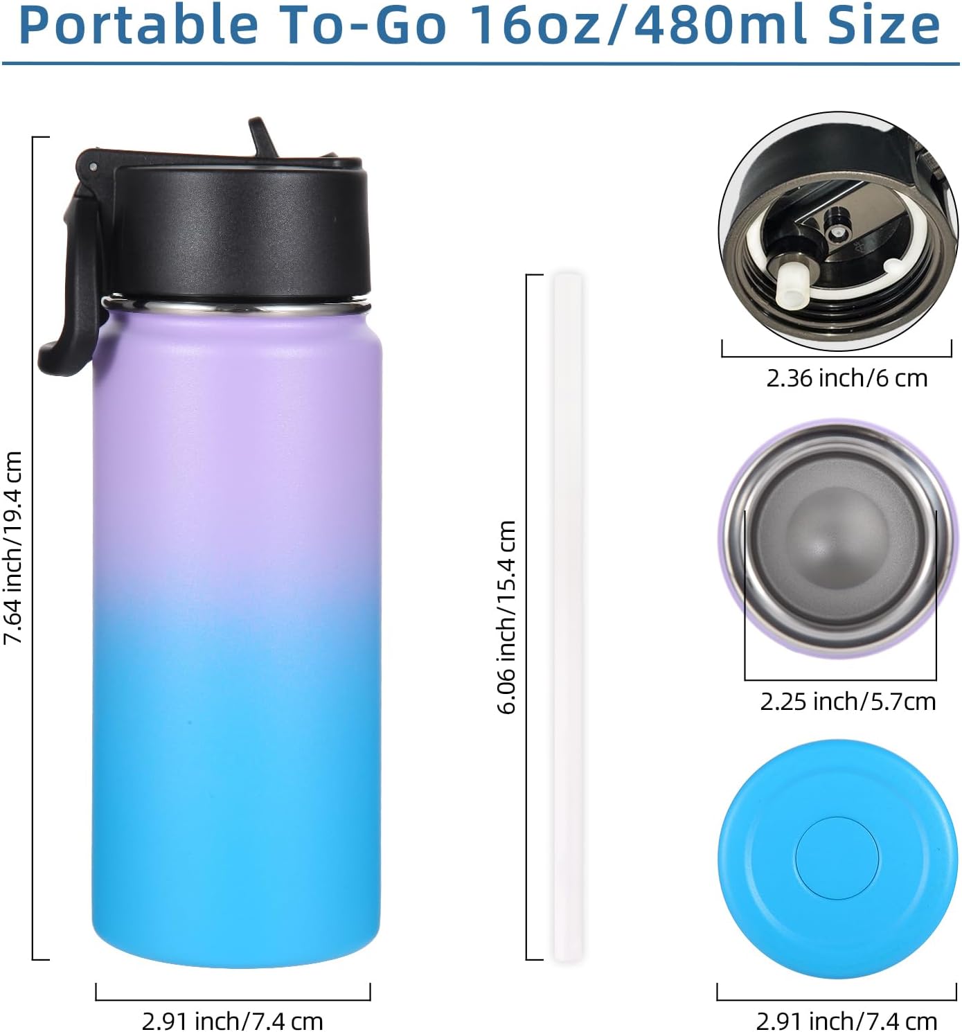 Volhoply 16 OZ Kids Water Bottle Bulk 4 Pack,Insulated Sports Bottles with Straw Lid,Stainless Steel Bottle with Handle Keep Cold,Double Wall Vacuum Tumbler Cups for School,Girl(Lavender Blue, 4