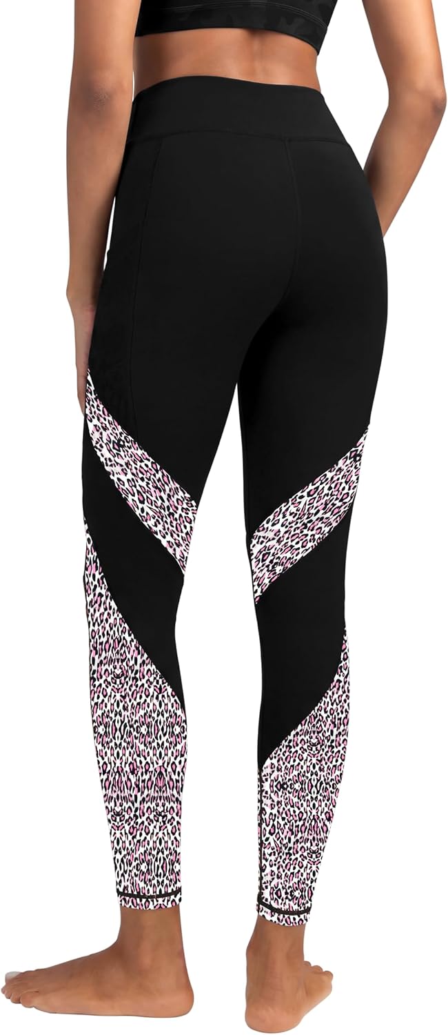 Women's High Waisted Yoga Leggings - Leopard Block Print Phone Pockets Tummy Control Workout Casual Pants