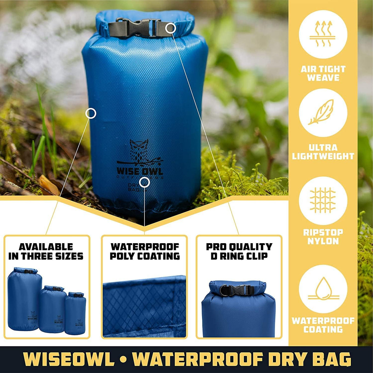 Wise Owl Outfitters Waterproof Dry Bag 3-Pack – Lightweight & Airtight 5L/10L/20L Small & Large Dry Bags for Kayaking, Beach, Travel, Boating, Hiking