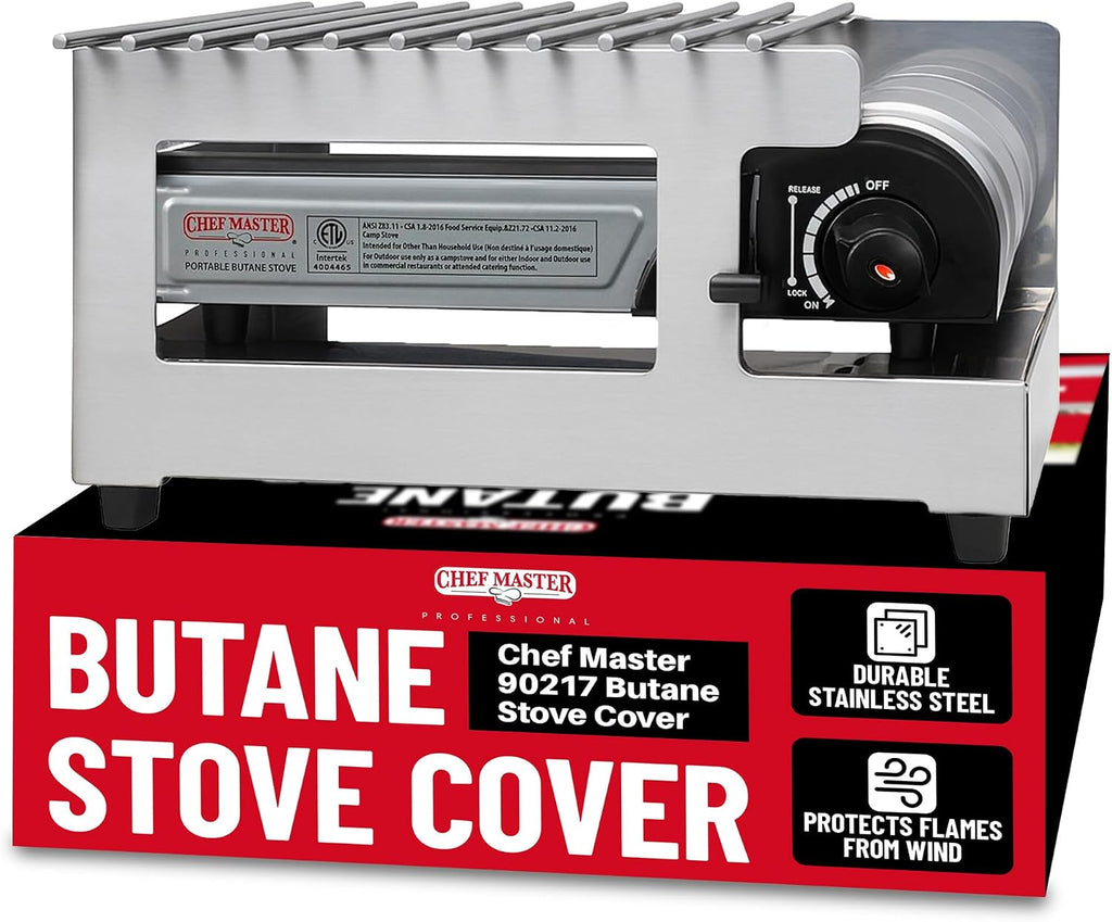 Chef Master Butane Stove Cover - Premium Stainless Steel Universal Fit - Any Standard Size Camping Stove - Portable Screen & Camping Wind Blocker - Camp Essentials for Outdoor & Indoor Cooking 90217
