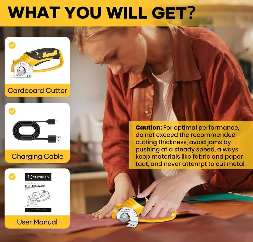SakerPlus Cordless Electric Scissors, 4V Cardboard Cutter, Box Cutter Fabric Scissor with Safety Lock & LED Light, Rechargeable Power Rotary Cutters for Box Carpet Fabric Plastic Leather