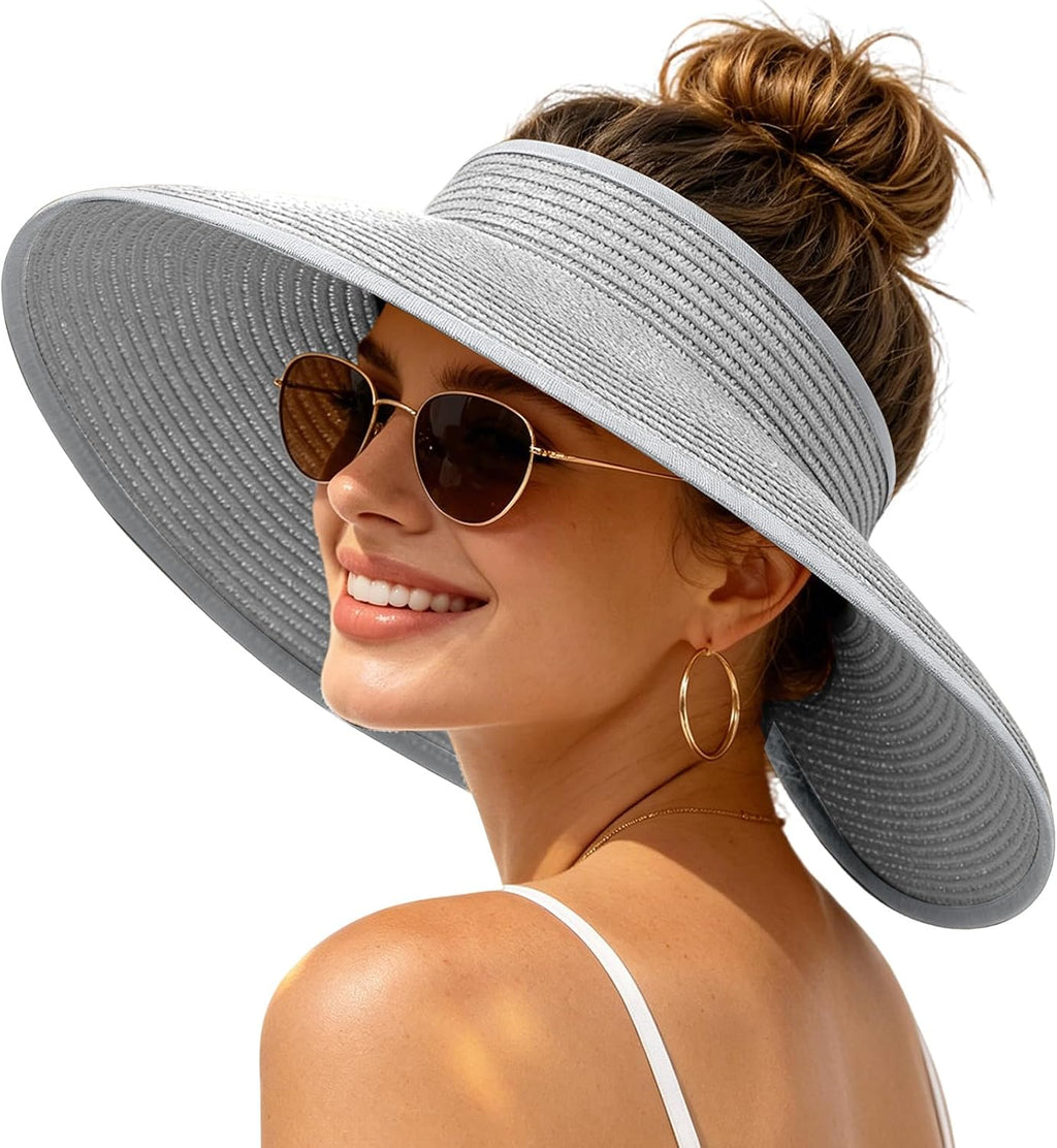 Sun Hats Visor for Women, UV UPF Straw Beach Hat Foldable Wide Brim Ponytail Summer Hats Packable Travel