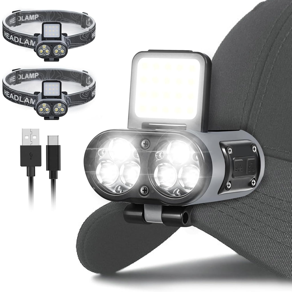 2 Pack LED Hard Hat Light, 900LM Rechargeable Dimmable Clip on Cap Lights