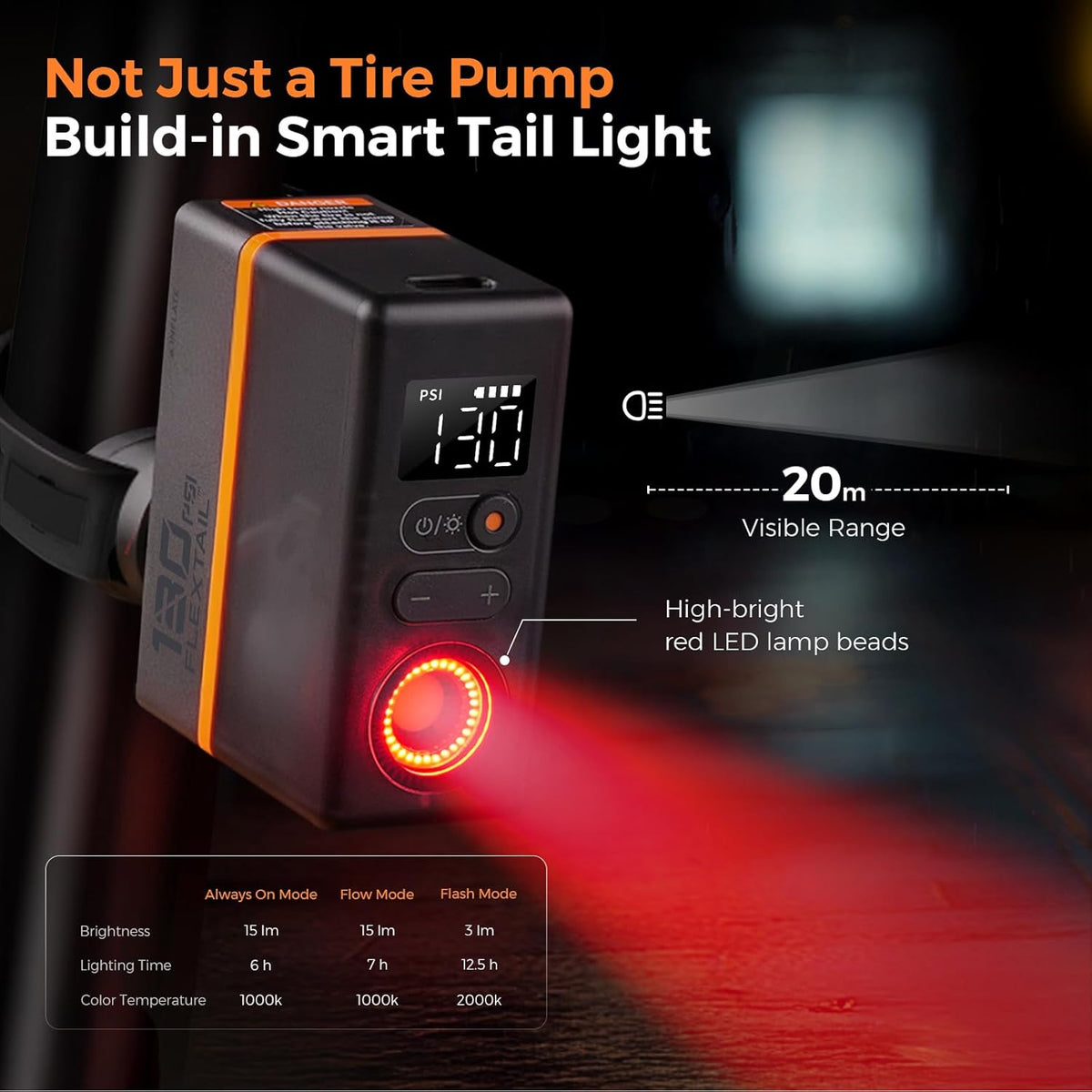 FLEXTAILGEAR Mini Portable Bike Tire Pump with Digital Gauge & Taillight, 120&130 PSI Electric Bicycle Pump, Presta and Schrader Valves, for Road, Mountain Bikes, Motorcycle, Balls