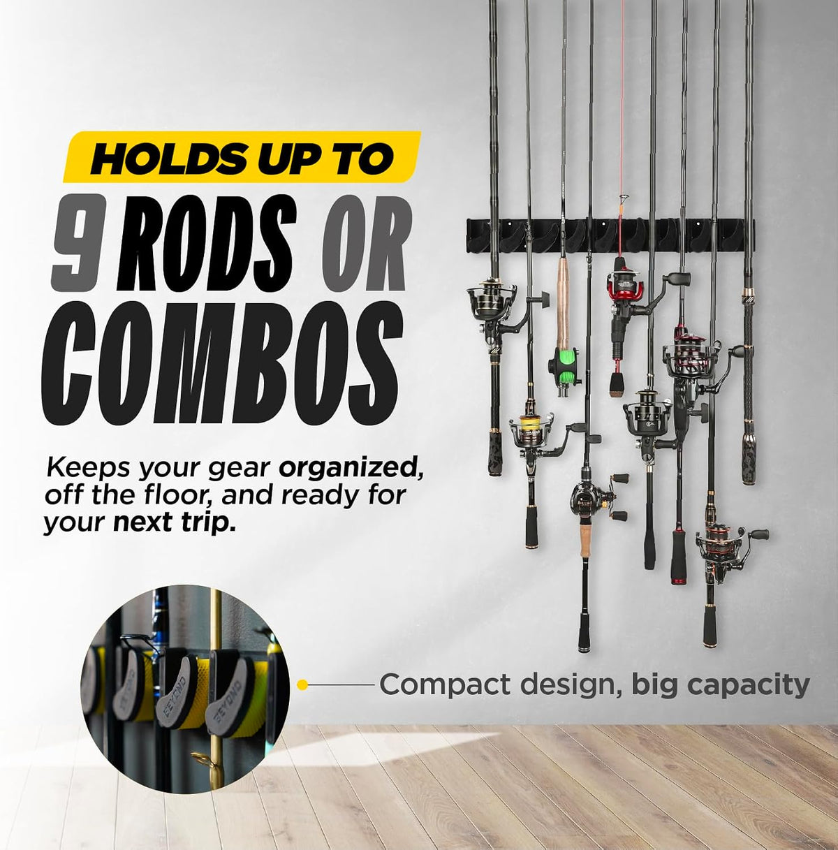 Beyond Fishing GripLock Vertical Fishing Rod Rack – Wall-Mounted Fishing Rod Holder for Garage – Stores Up to 9 Rods or Combos –Space-Saving Durable Fishing Rod Holders for Serious Anglers