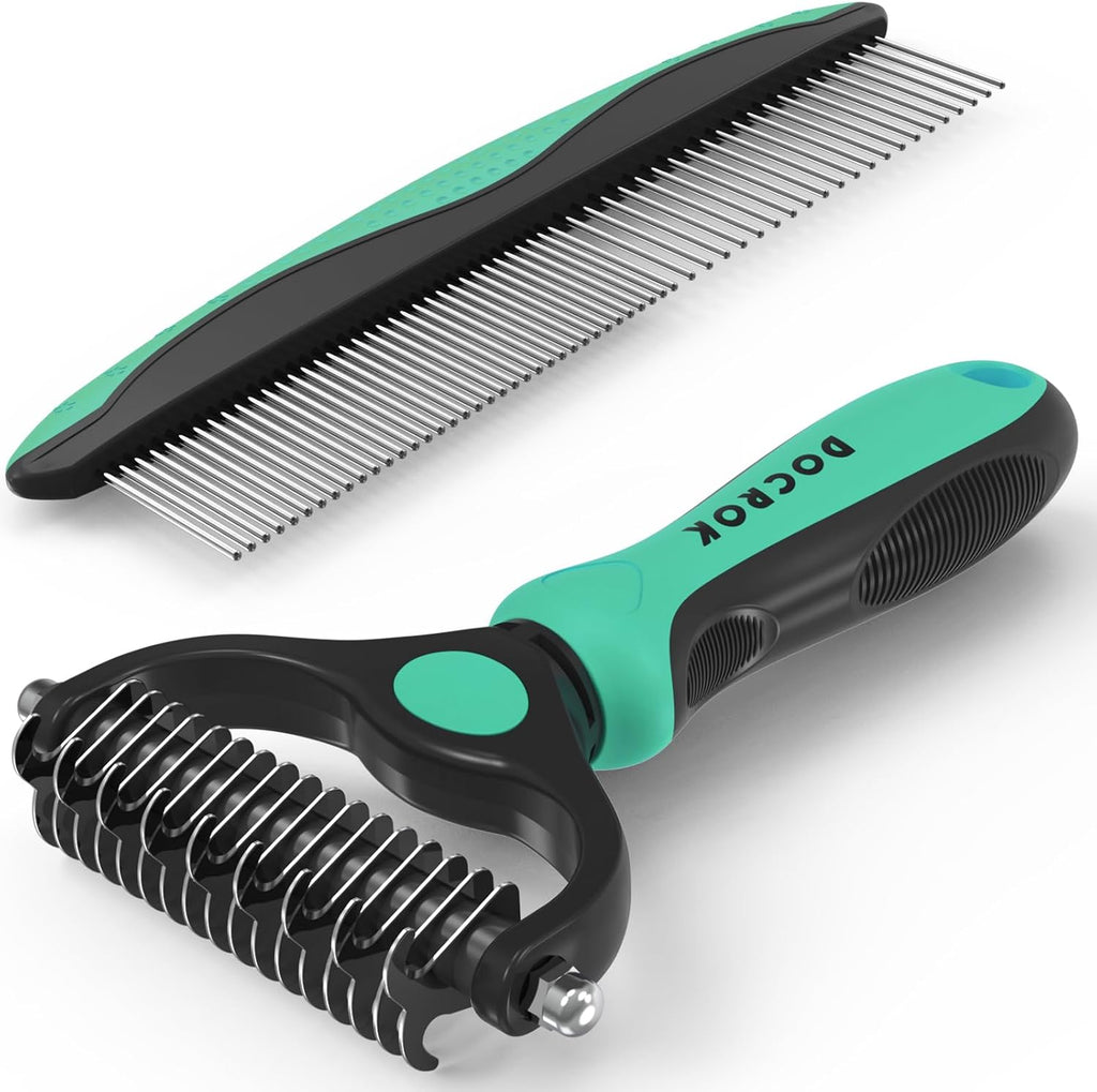 Docrok Pet Grooming Brush and Metal Comb Combo for Dogs & Cats, Green