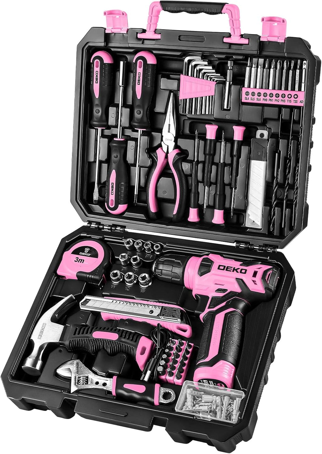 DEKOPRO Tool Set: Tool Kit with 8V Cordless Drill, Hand Toolbox with storage case, Tool set for Home Repairs 126 Piece, Purple