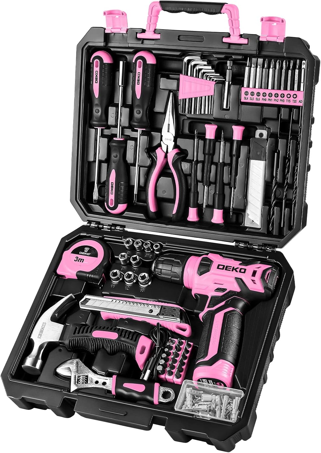 DEKOPRO Tool Set: Tool Kit with 8V Cordless Drill, Hand Toolbox with storage case, Tool set for Home Repairs 126 Piece, Purple